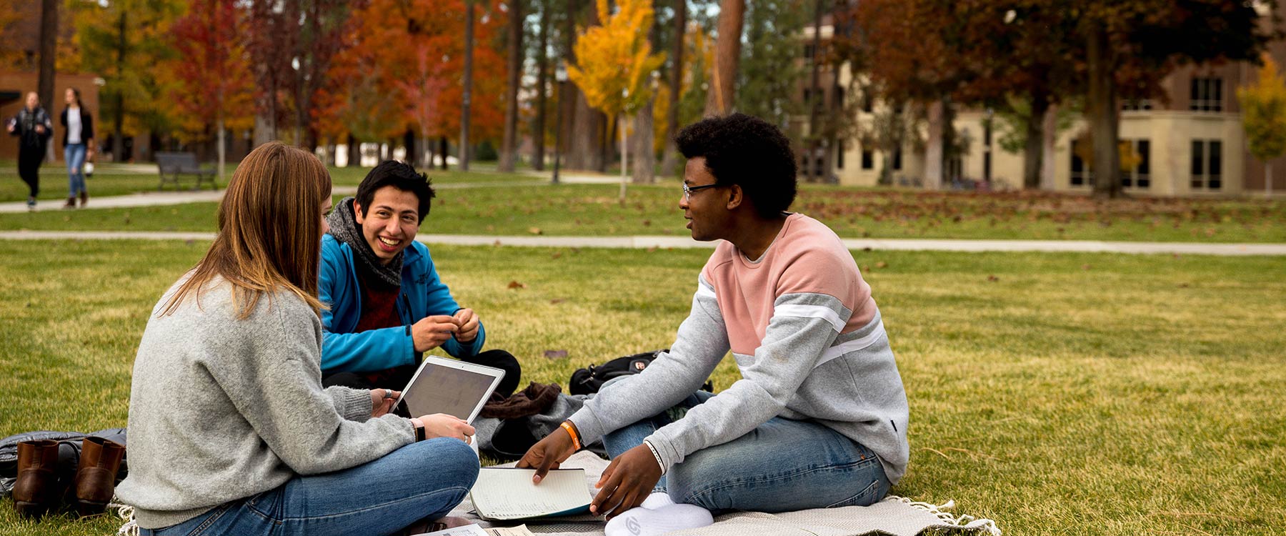 Students sit outside on campus and talk