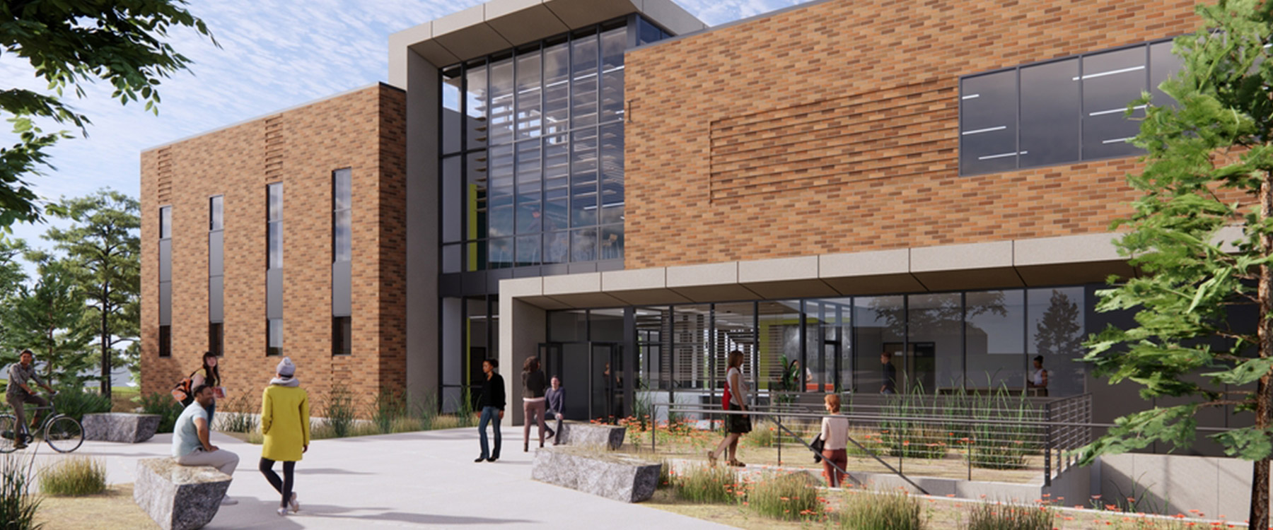 Render of Dornsife Health Science Building exterior with students mingling outside.