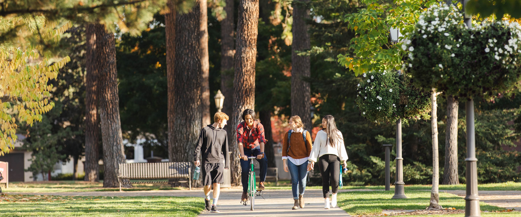 Three students walk and one rides a bike down a tree-lined path on a sunny autumn day.