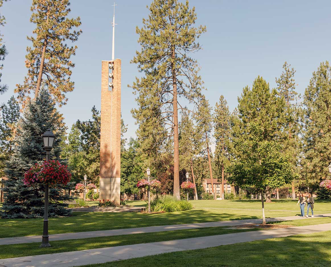 A manicured lawn, tall pine trees and an obelisk structure on a clear day.