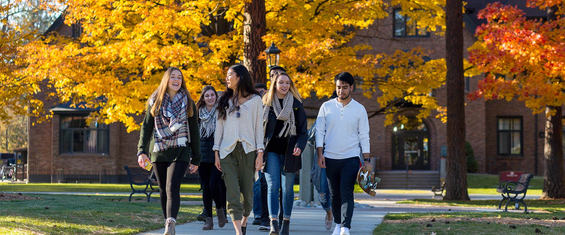A group of students walk on a path through campus. Fall trees surround them.
