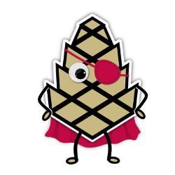 Cartoon graphic of a pinecone with a pirate eye patch and cloak, standing upright with hands on hips.