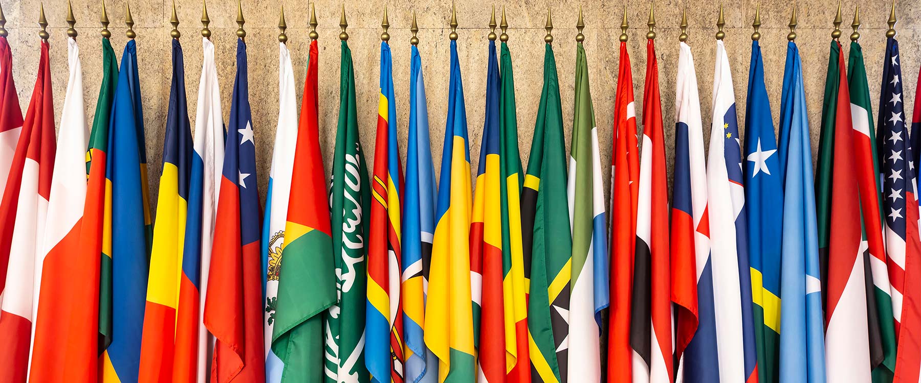 A colorful array of international flags.