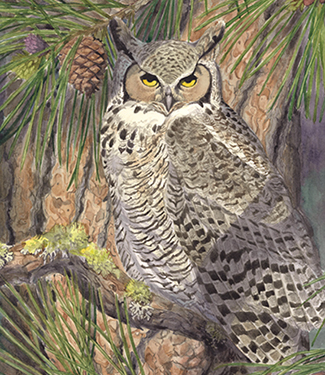 Painting of an owl with yellow eyes perched on a tree branch, blending into the bark and foliage.