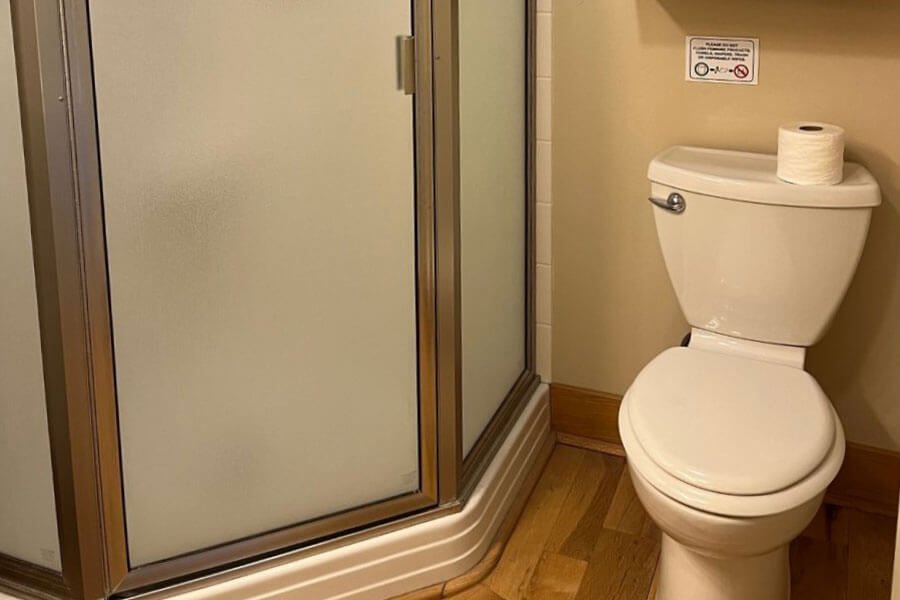 Small bathroom with wooden floors, a frosted glass shower and toilet.