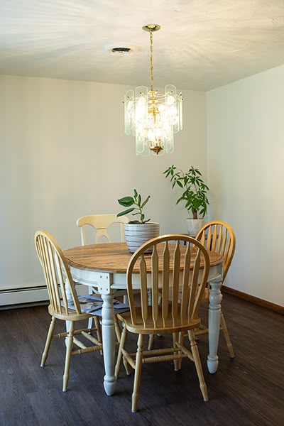 Dining room with a round table, four wooden chairs, a potted plant and a hanging glass chandelier.