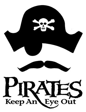 Black and white logo of pirate hat and mustache with text: 