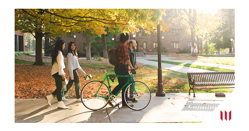 Four students, one with a bike, walk along a sunlit path surrounded by autumn trees on a college campus.