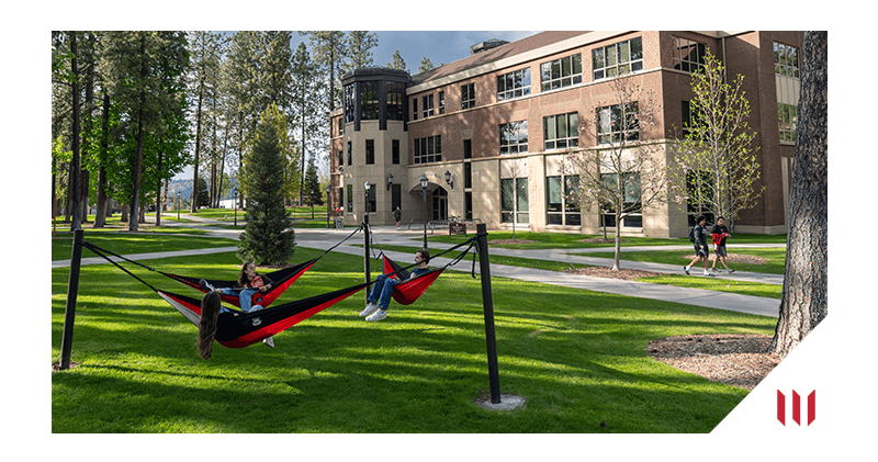 Three students relax in red hammocks on a shaded lawn with pine trees and a large brick building in the background.