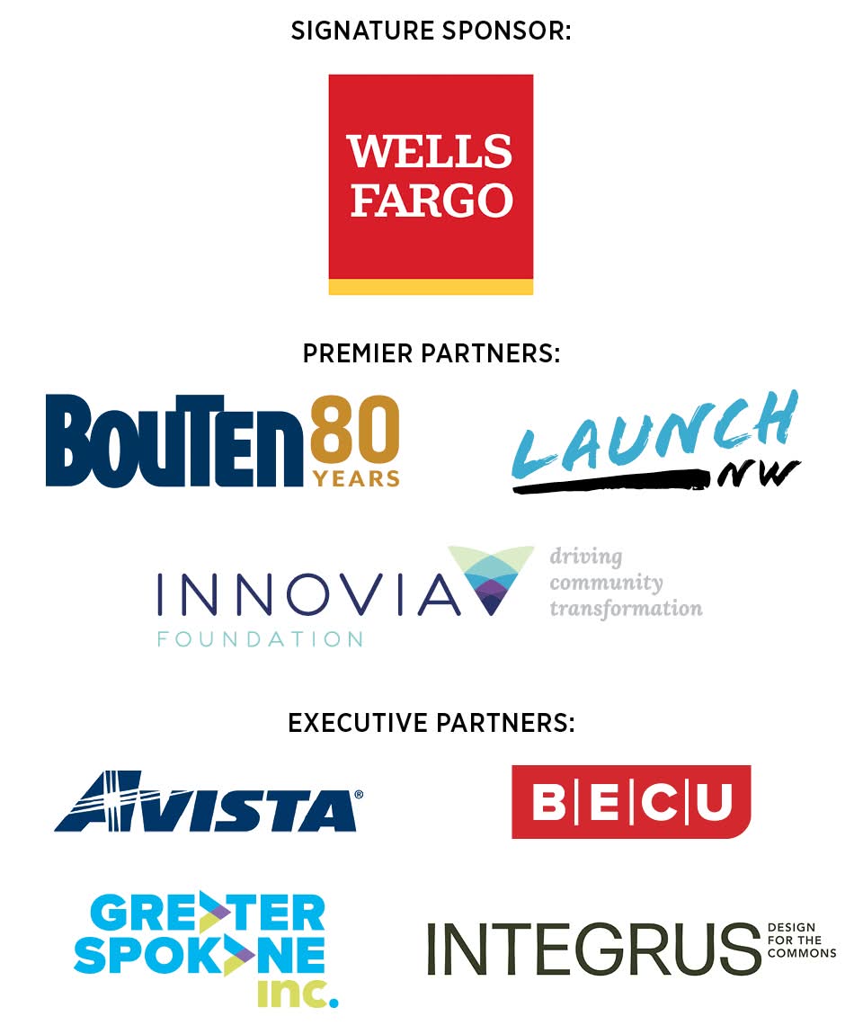 Logos of sponsors: Wells Fargo, Bouten, Innovia Foundation, Launch NW, Avista, BECU, Greater Spokane Inc., Integrus.