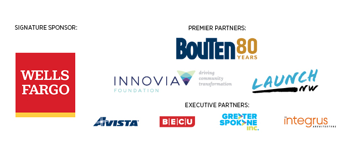 Logos of sponsors: Wells Fargo, Bouten, Innovia Foundation, Launch NW, Avista, BECU, Greater Spokane Inc., Integrus.
