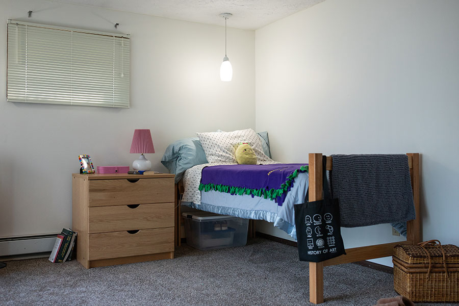 Bedroom with white walls, gray carpet, a hanging lamp, wooden dresser and twin bed.