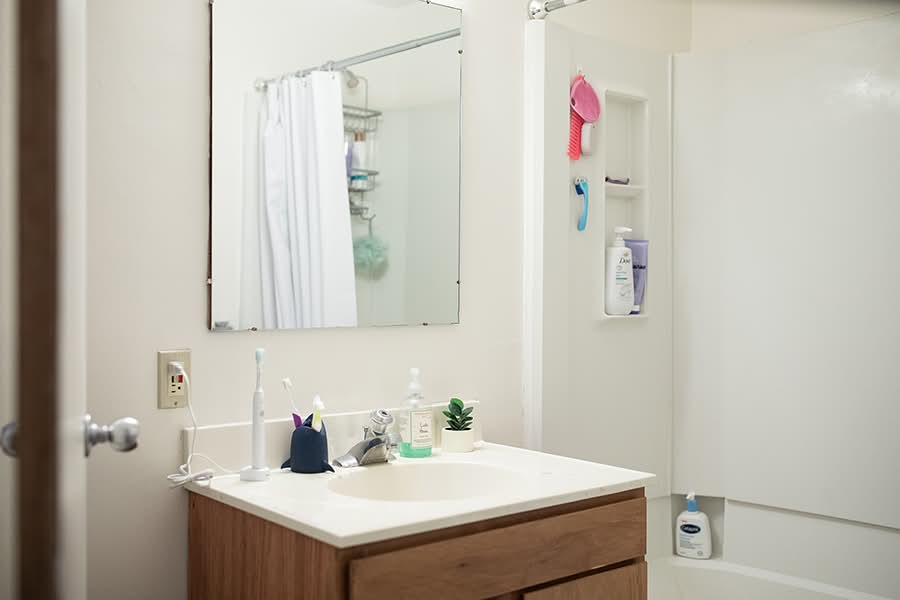 View of a tidy bathroom, showing a shower, vanity and mirror.